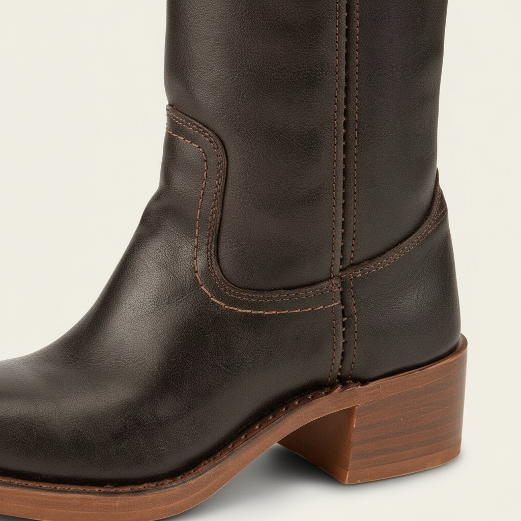 Close-up of dark leather knee-high boot with brown stitched panel and block heel
