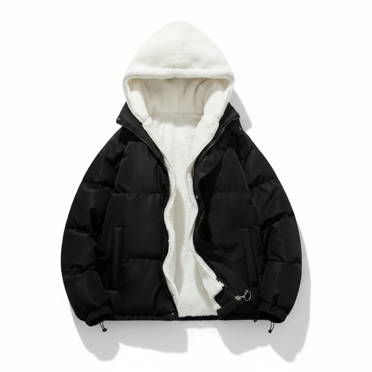Black sherpa-lined puffer winter jacket with full-zip hood and zip pockets