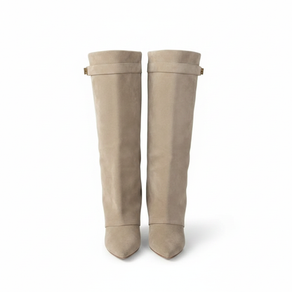 Pair of women's taupe knee-high fold-over boots with side square buckle