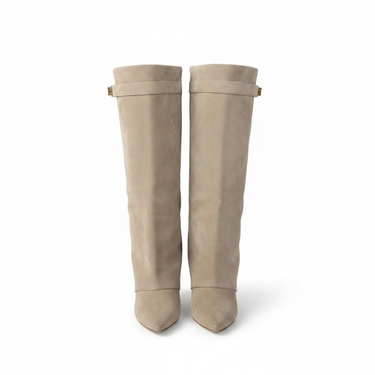 Pair of women's taupe knee-high fold-over boots with side square buckle