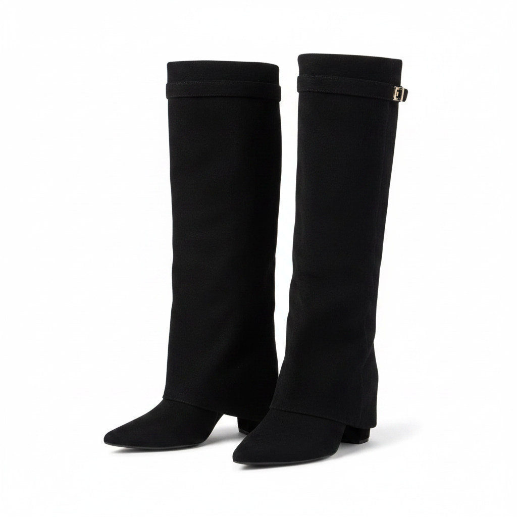 Black knee-high boots with side buckle, slim stacked heel