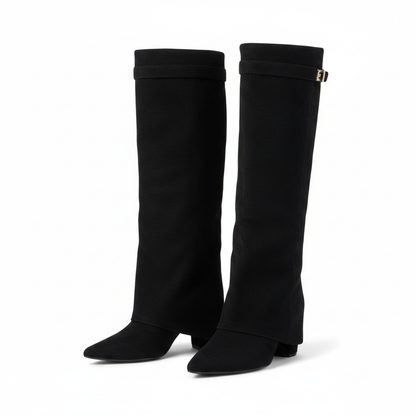 Black knee-high boots with side buckle, slim stacked heel