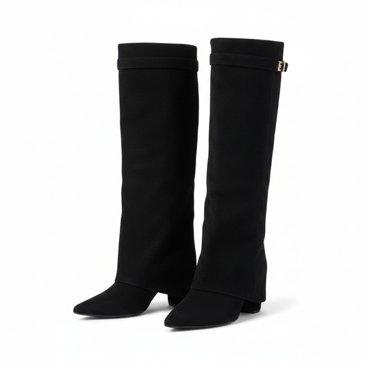 Black knee-high boots with side buckle, slim stacked heel