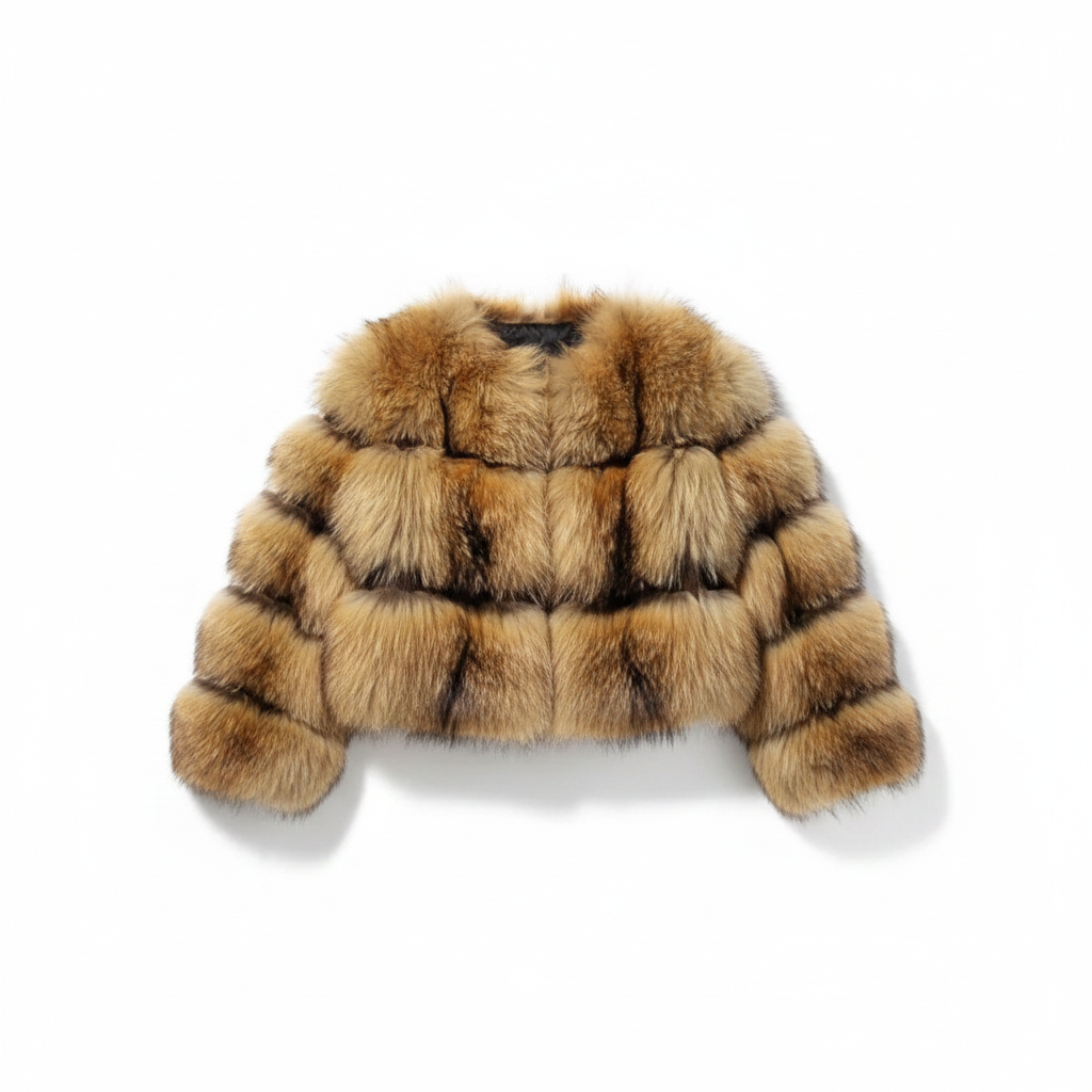 Brown faux fur cropped jacket with thick checkered paneling