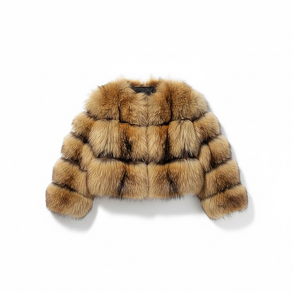 Brown faux fur cropped jacket with thick checkered paneling