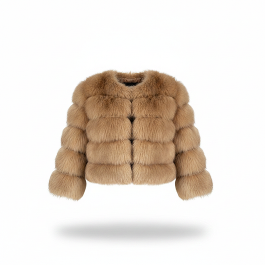 Women's tan faux fur jacket with cropped boxy cut and wide collar