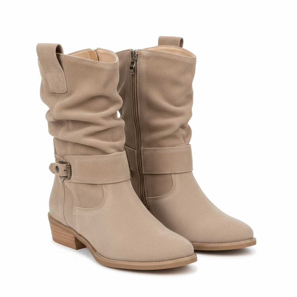 Beige suede slouch boots, full pair view with side zipper and block heel