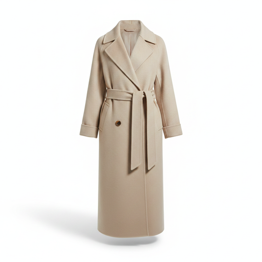 Beige long wool coat on hanger: notched lapels, belt tie, and long midi length