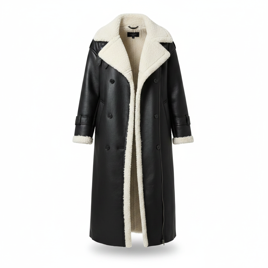 Women's fleece-lined teddy-collar jacket, black with cream sherpa trim, front view