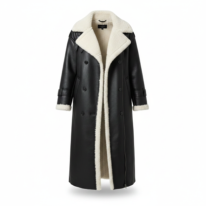 Women's fleece-lined teddy-collar jacket, black with cream sherpa trim, front view