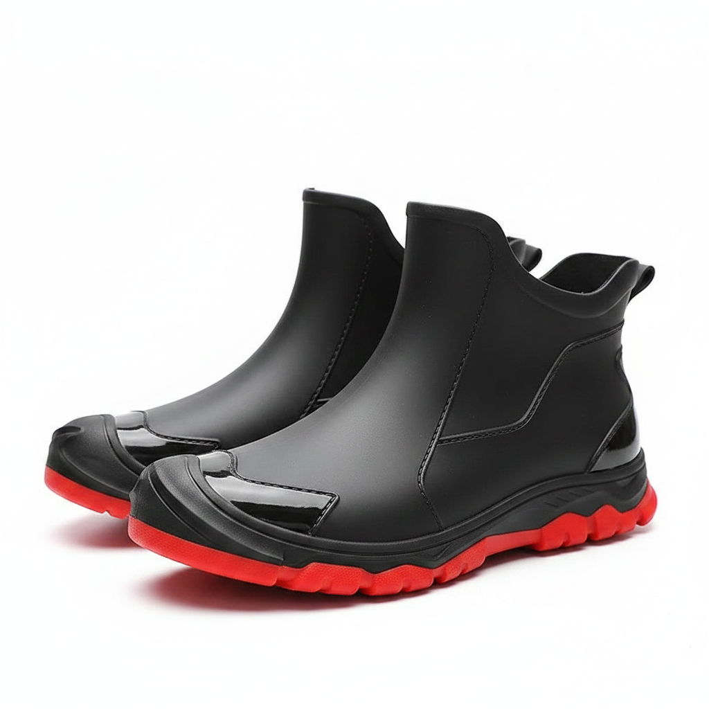 Men's waterproof terrain ankle boots, black leather with red rubber traction sole