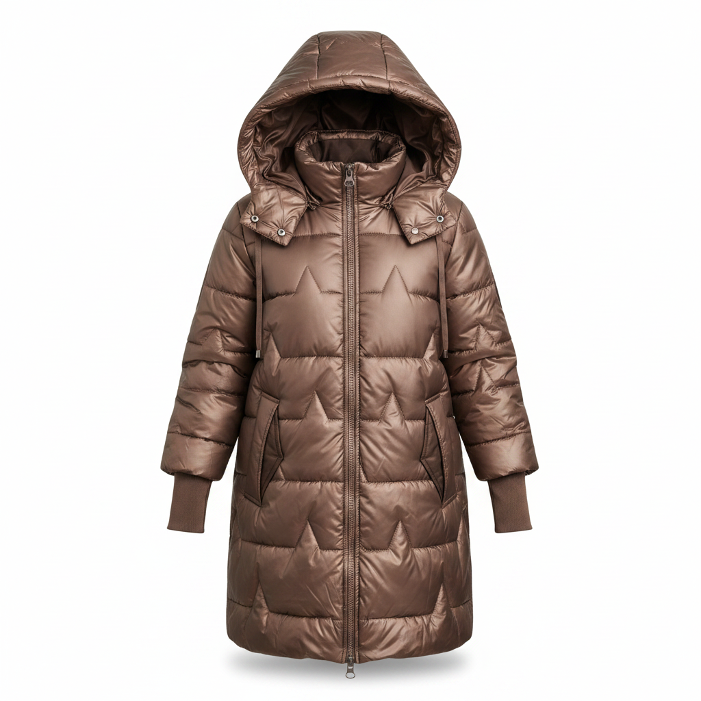 Brown hooded puffer jacket with adjustable hood and full front zipper.