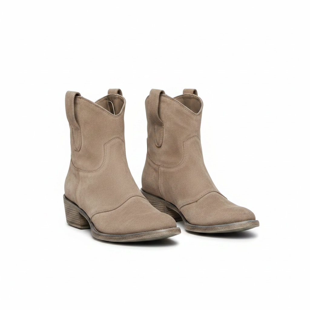 Women's suede western ankle boots, tan pull-on with stacked heel.
