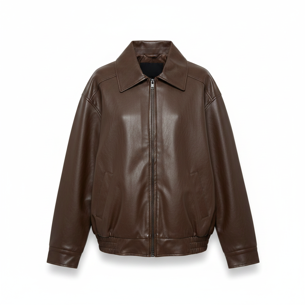 Brown oversized PU leather jacket front view with zip-up front and stand collar.