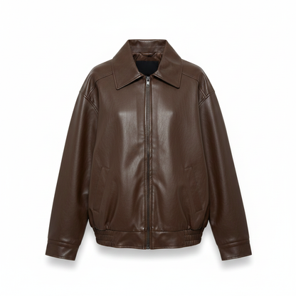 Brown oversized PU leather jacket front view with zip-up front and stand collar.