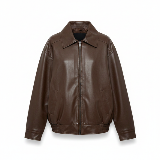 Brown oversized PU leather jacket front view with zip-up front and stand collar.