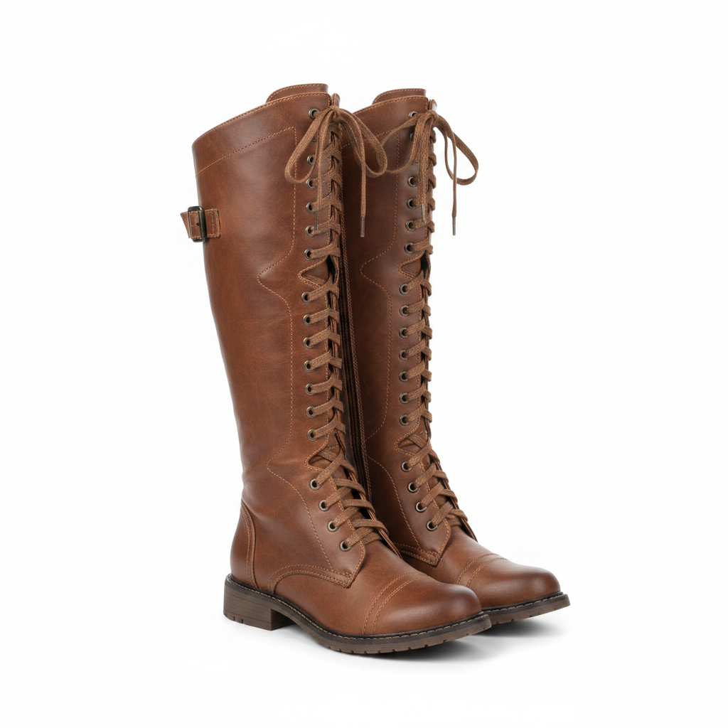 Tan-brown lace-up riding boots with side buckle, stitched shaft, and flat heel.
