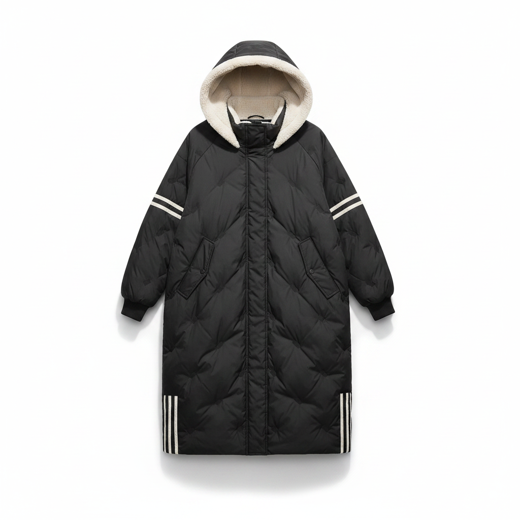 Long black puffer jacket with beige hood lining, striped cuffs, and front zipper