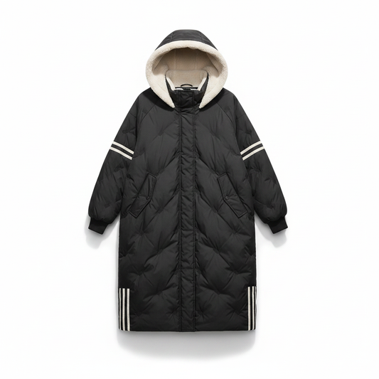 Long black puffer jacket with beige hood lining, striped cuffs, and front zipper