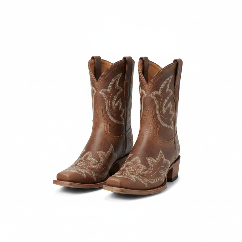 Brown women's cowboy boots with western embroidery, pair view, pull-on, stacked heel.