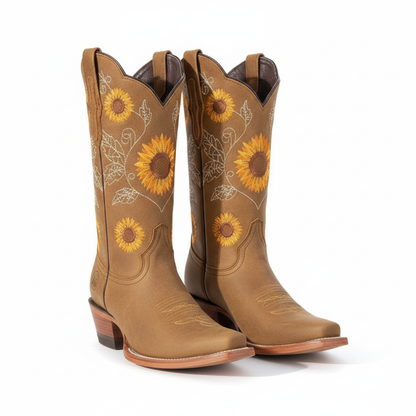 Khaki cowboy boots with sunflower embroidery, studio side-by-side pair