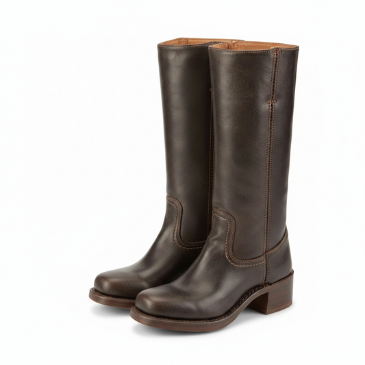 Zahara women's handmade leather mid-calf boots in dark brown, pull-on, stitched panels, block heel