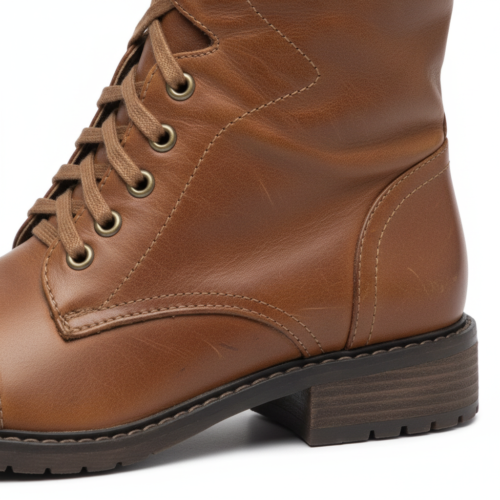 Close-up of brown lace-up riding boot with metal eyelets and stitched panel.