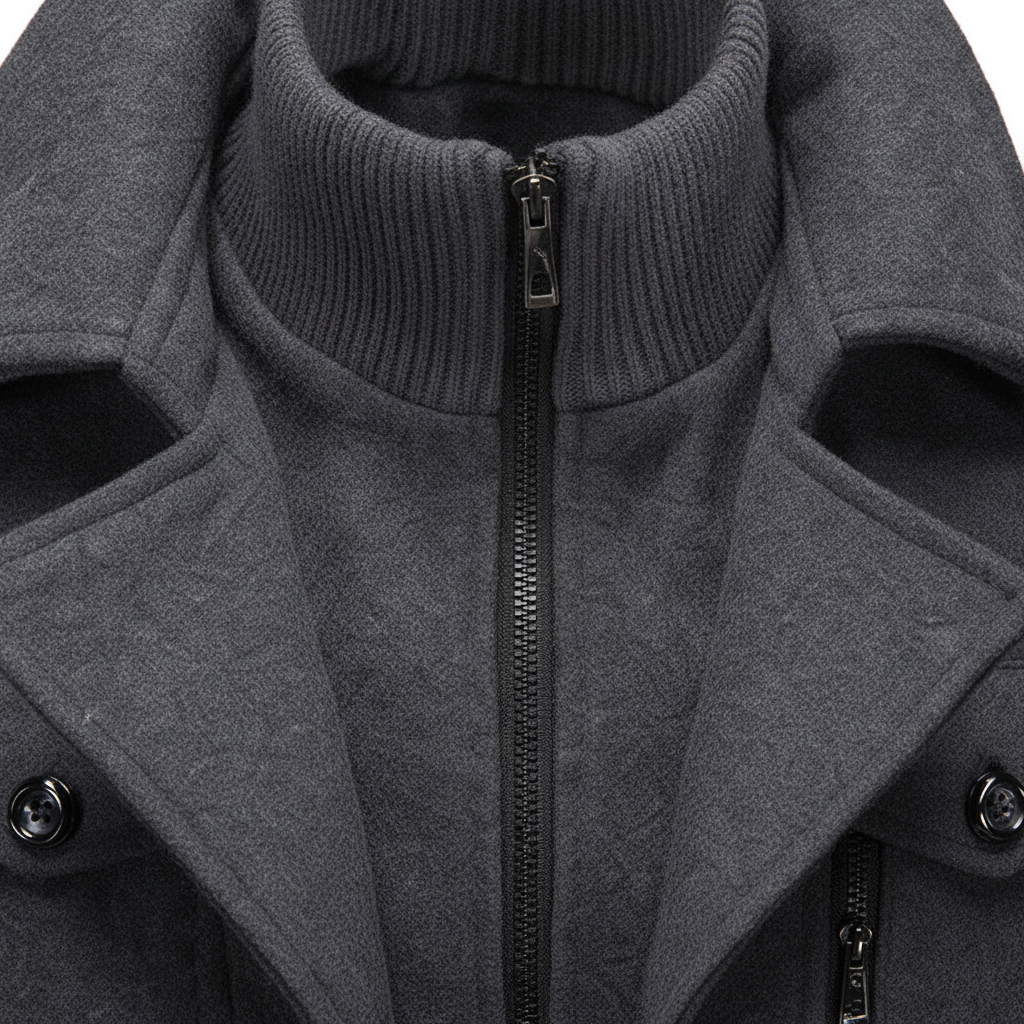 Grey wool coat close-up: stand collar with zip front and snap-button detail