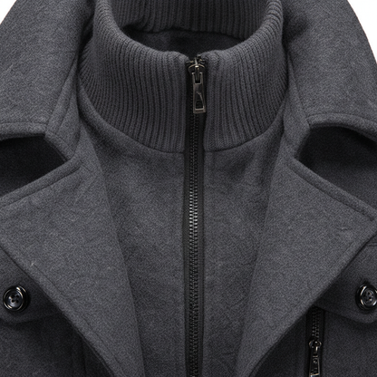 Grey wool coat close-up: stand collar with zip front and snap-button detail