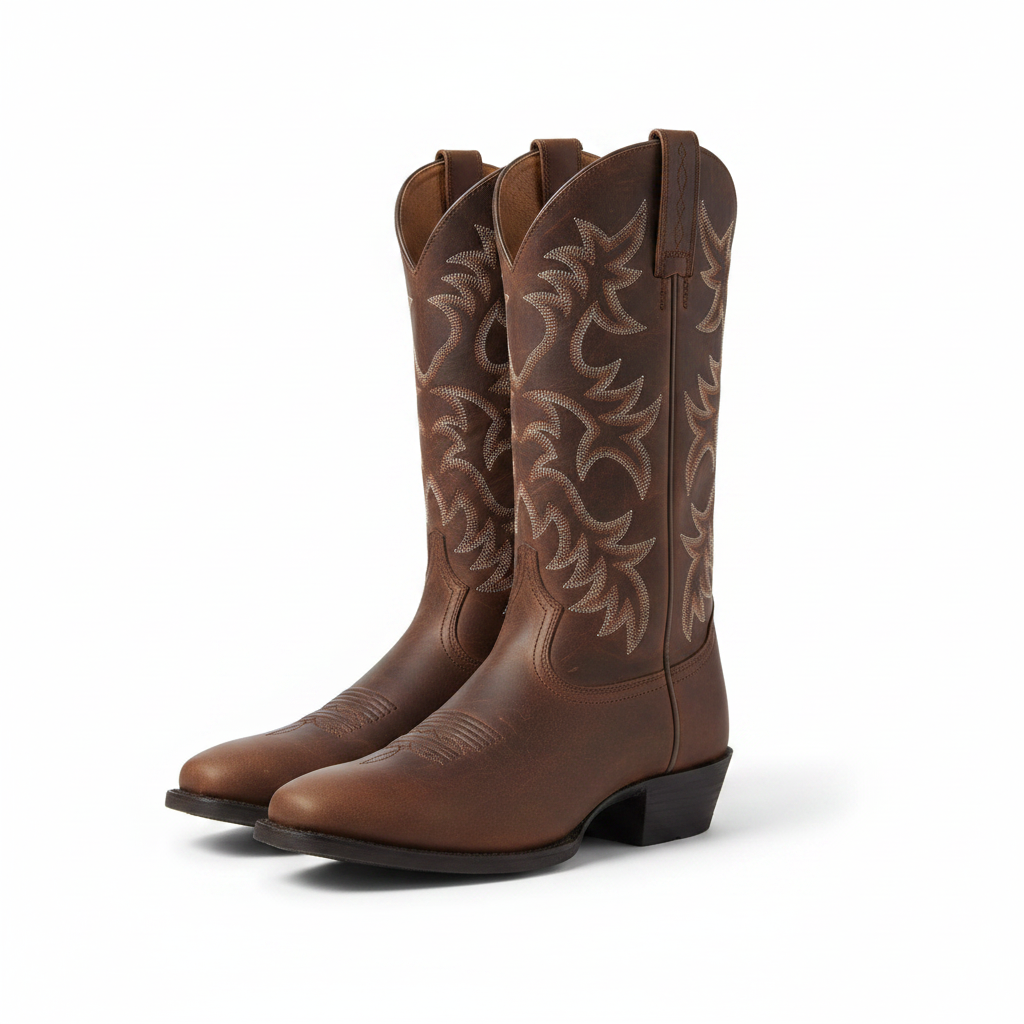 Women's brown western cowboy boots, full profile with embossed floral shaft and low heel