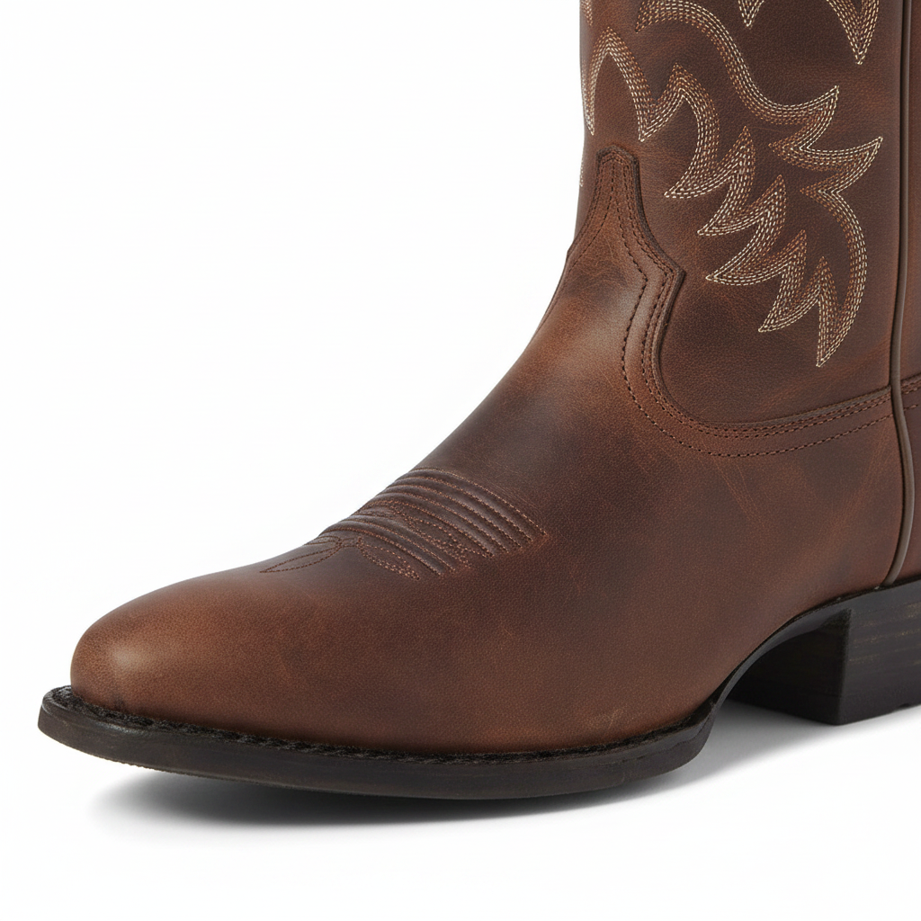 Women's brown western cowboy boot toe and side shaft detail with embossed scroll pattern