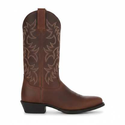 Women's brown western cowboy boots with embossed floral design and pull-on gore panel