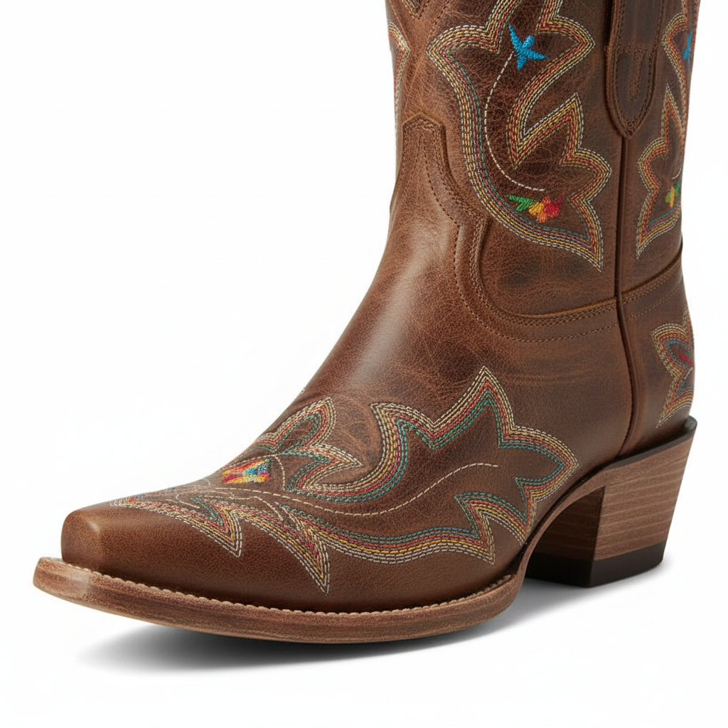 Brown women's cowboy boots with multicolor stitched star embroidery, pull-on, block heel.