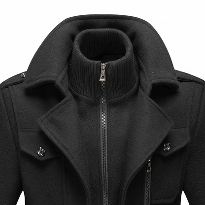 Black wool coat close-up: stand-up knit collar with centered zip and flap button details