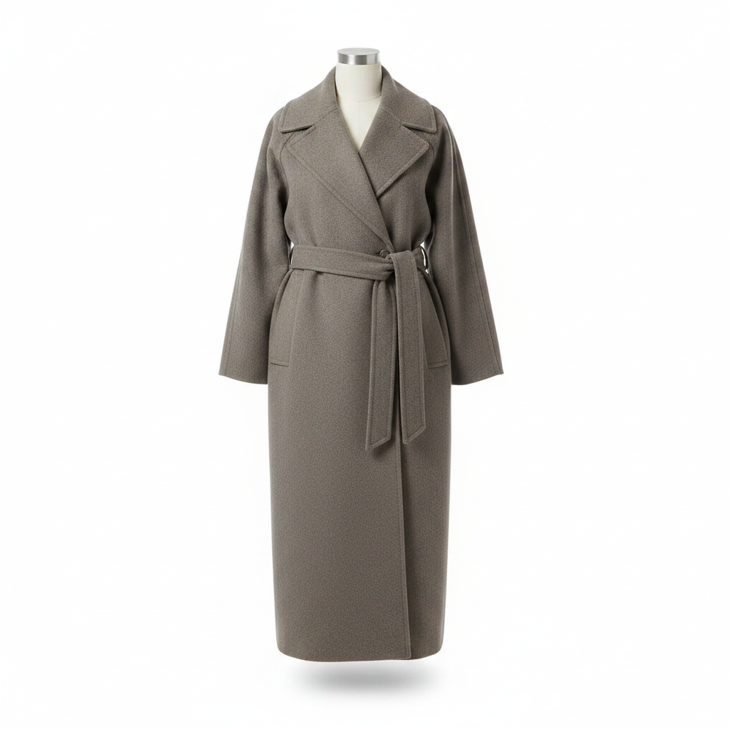 Women’s long oversized wool coat, grey, front view with notched lapels and belt tie.