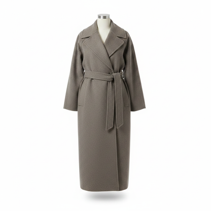 Women’s long oversized wool coat, grey, front view with notched lapels and belt tie.