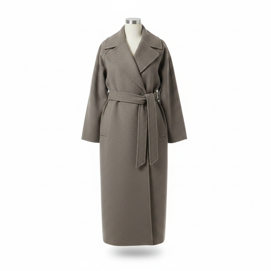 Women’s long oversized wool coat, grey, front view with notched lapels and belt tie.