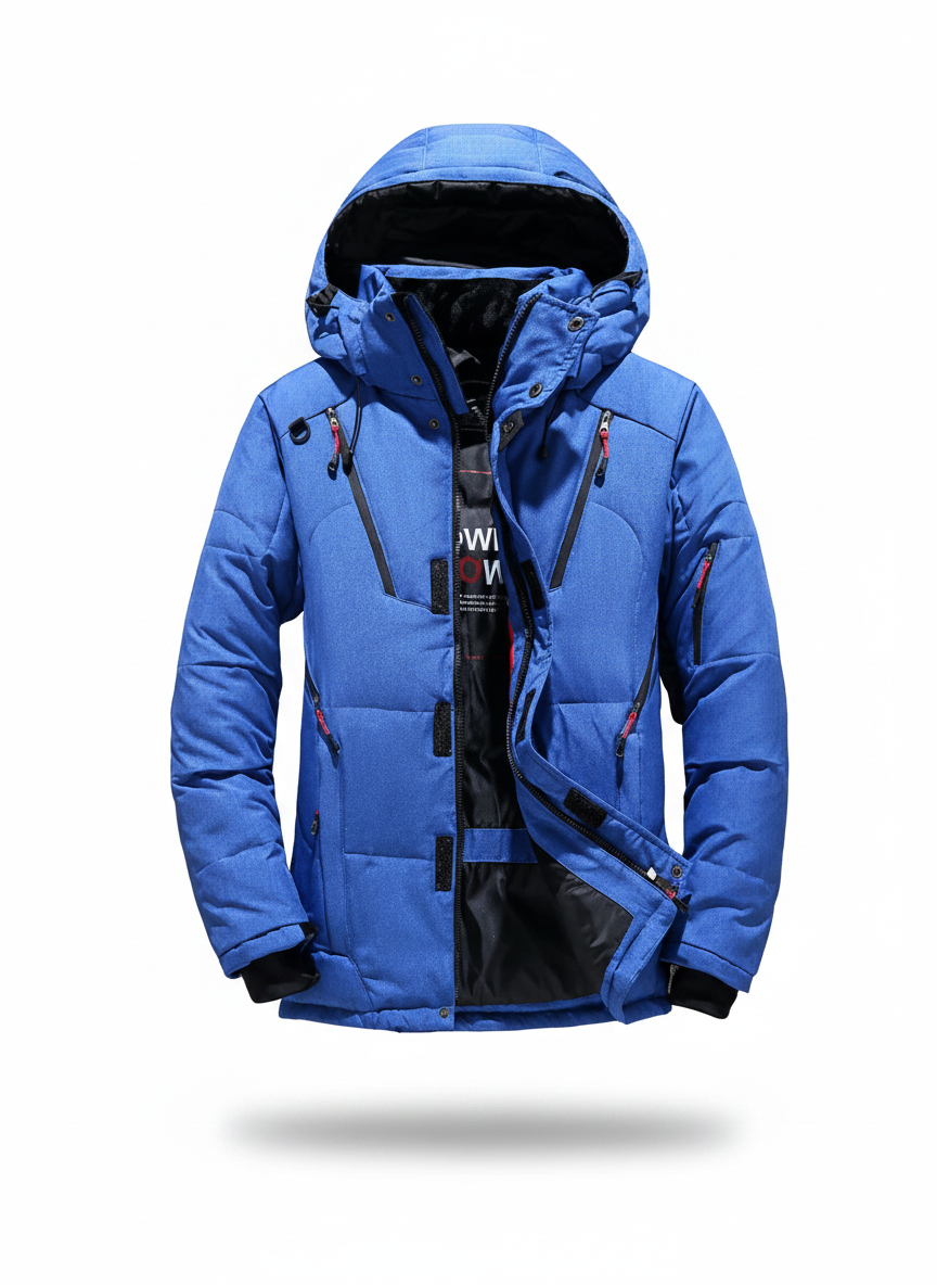 Men's rainproof winter parka, blue with hood, front zipper and insulated pockets