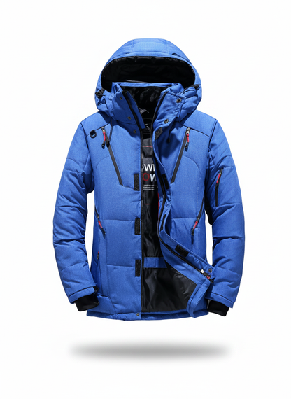 Men's rainproof winter parka, blue with hood, front zipper and insulated pockets