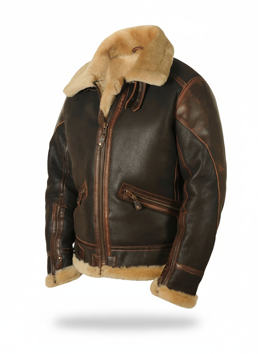 Men's shearling flight jacket full front view, dark brown leather, tan shearling collar and zip