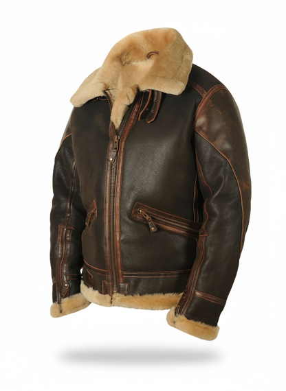 Men's shearling flight jacket full front view, dark brown leather, tan shearling collar and zip