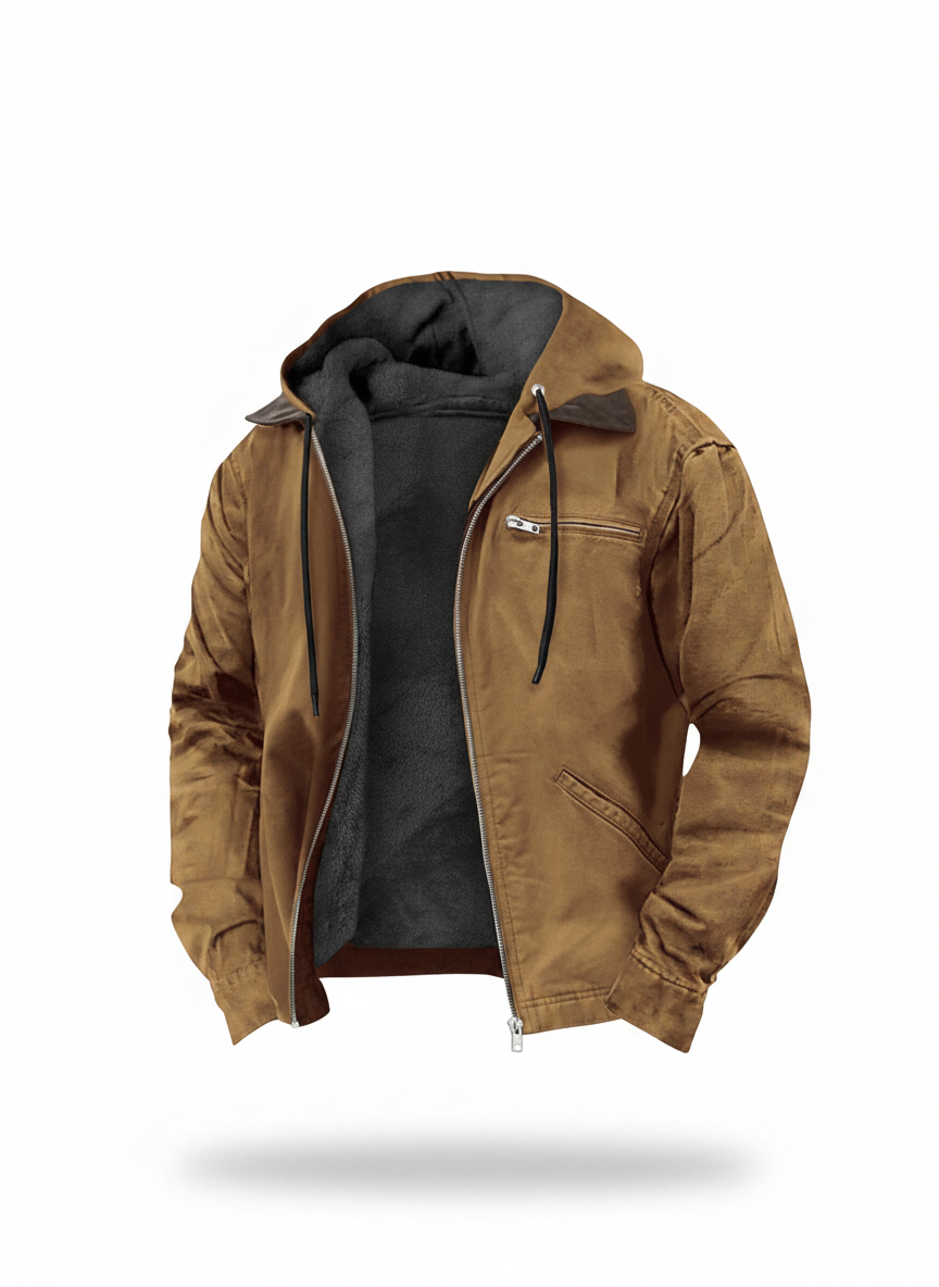 Men's hooded jacket in brown with zip front, drawstring hood, and angled side pockets
