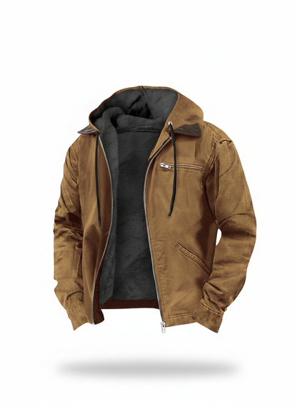 Men's hooded jacket in brown with zip front, drawstring hood, and angled side pockets