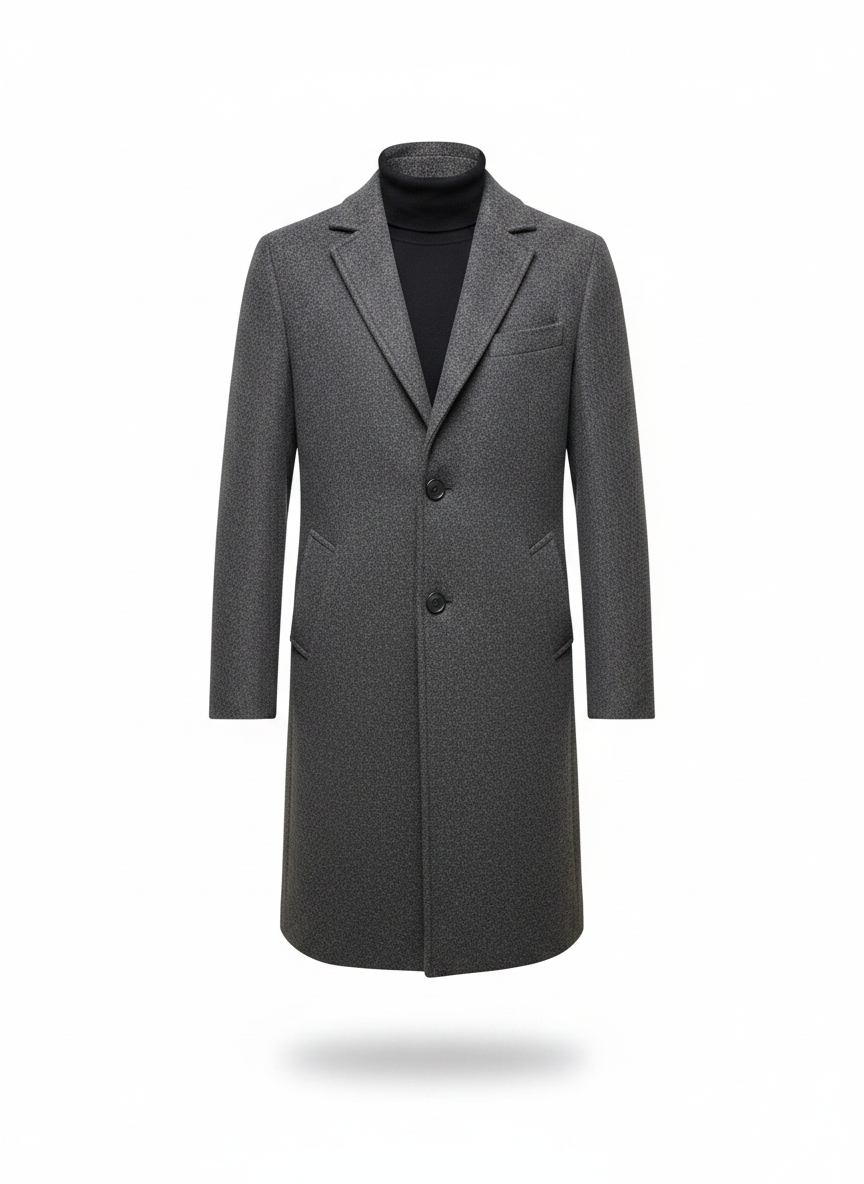 Men's faux wool long coat in dark grey, front view, notched lapels, button closure