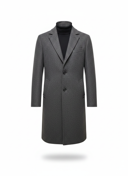 Men's faux wool long coat in dark grey, front view, notched lapels, button closure