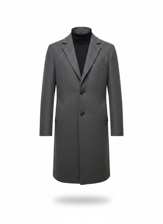 Men's faux wool long coat in dark grey, front view, notched lapels, button closure