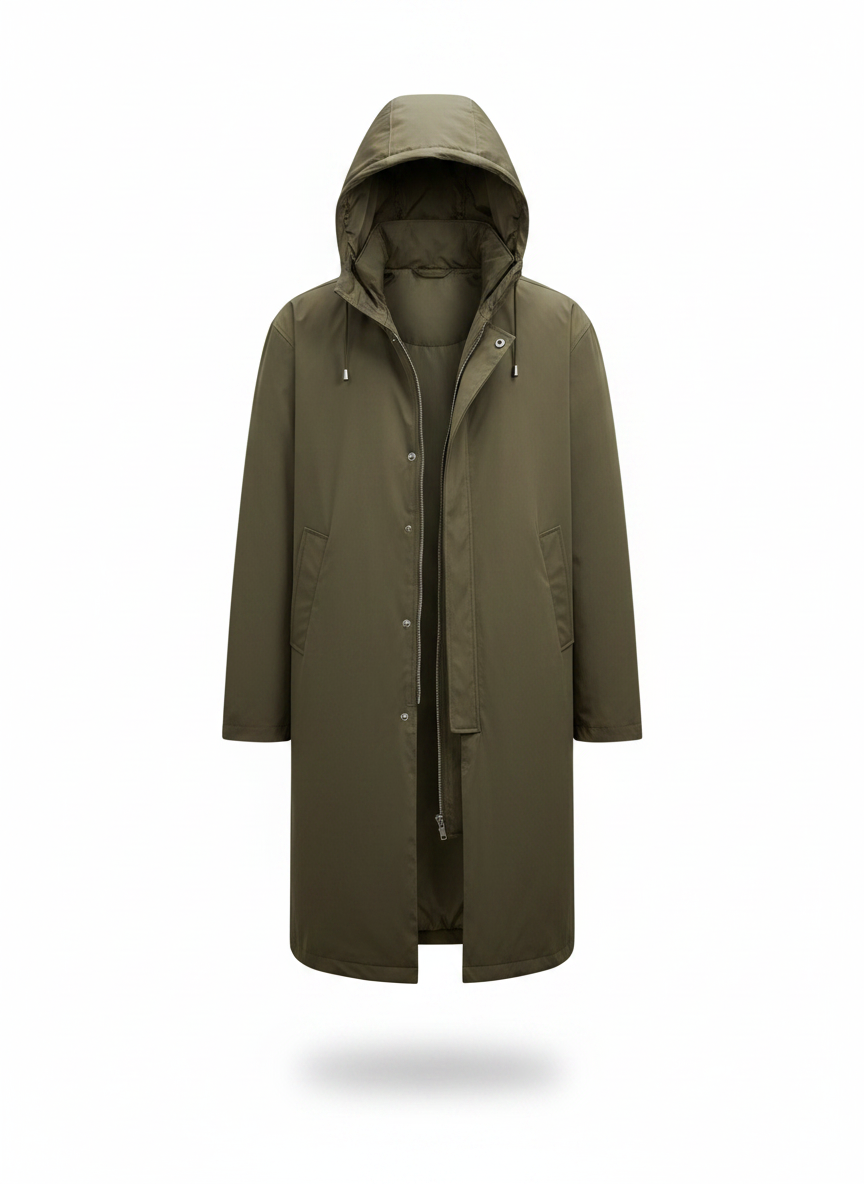 Olive green hooded long rain jacket with button front and zipper placket.