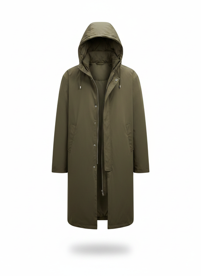 Olive green hooded long rain jacket with button front and zipper placket.