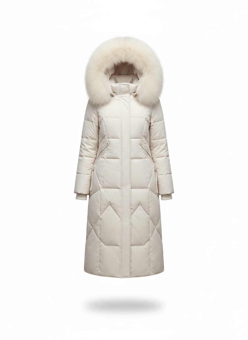 Women's long down coat in cream with faux fur trimmed hood, front view