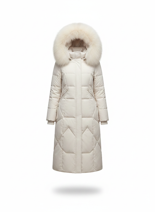 Women's long down coat in cream with faux fur trimmed hood, front view
